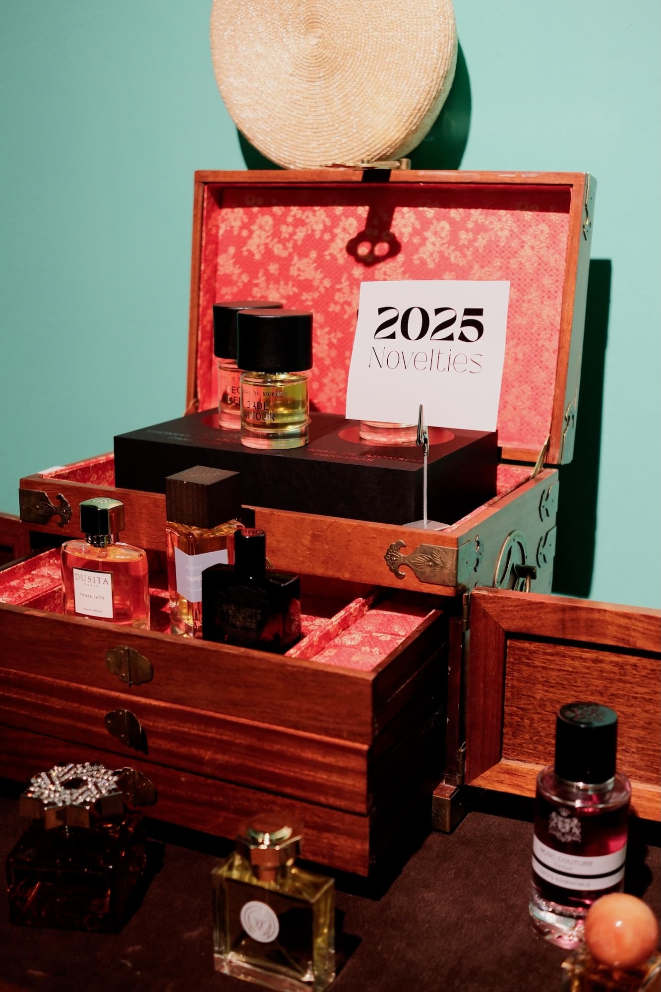 A wooden case of the year’s new niche perfumes on show at the gala